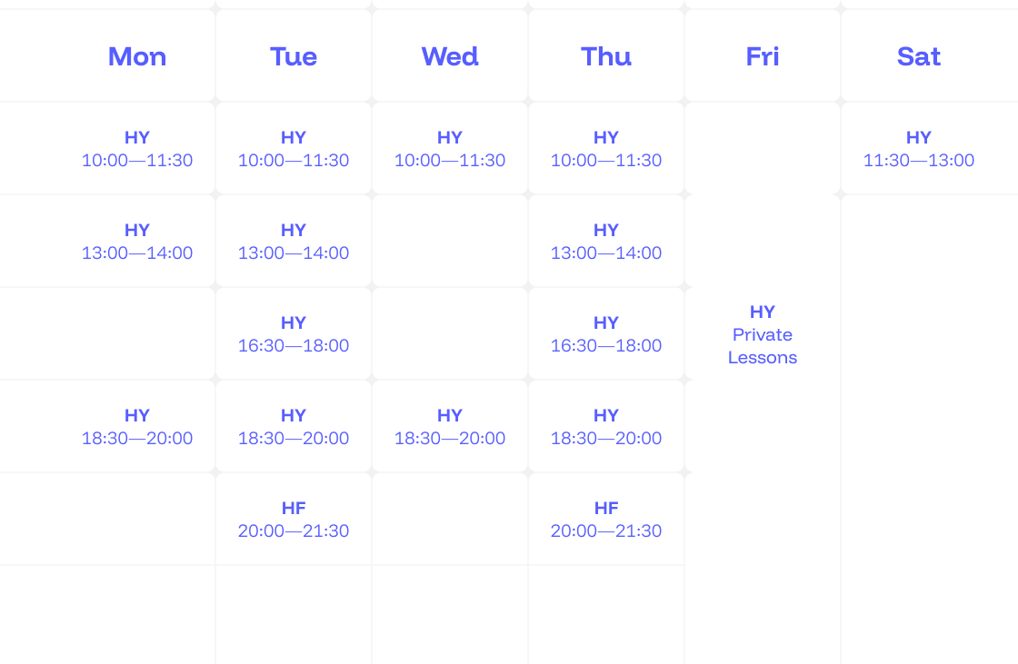 Weekly class schedule